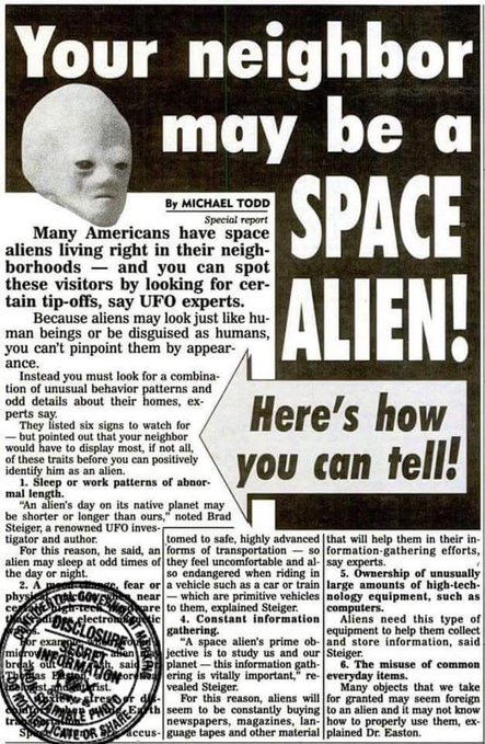 The image features a newspaper advertisement with an illustration of a person's face, likely representing a character from a movie or TV show. The text on the advertisement encourages people to tell their friends about the movie, stating that "Your neighbor may be a space alien!". This suggests that there is a connection between the advertisement and a popular film or series featuring a similar theme.