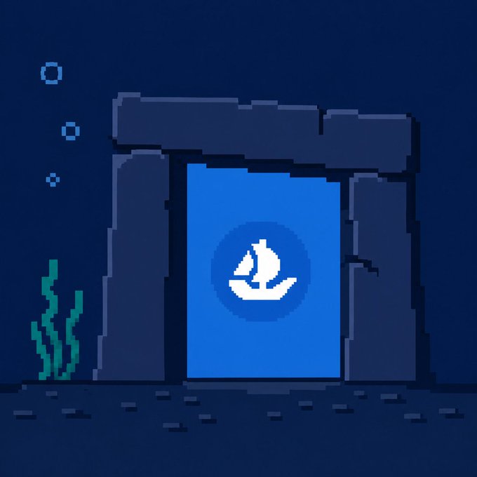 A pixel art illustration of an underwater scene featuring a stone doorway glowing blue with a white sailboat icon in the center, with seaweed and bubbles to the side.