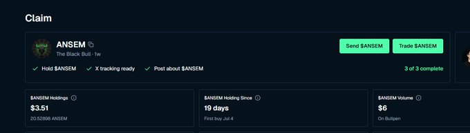 A 'Claim' dashboard for the $ANSEM token (The Black Bull: 1w) showing 20.52898 ANSEM holdings worth $3.51, held since 19 days, with a $6 volume on Bullpen.