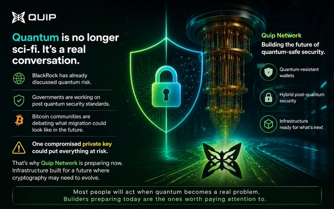 The image features a poster with a green shield, featuring a butterfly design at its center. The text on the poster reads "Quantum is no longer sci-fi. It's a real conversation. Governments are working on Quantum risk. BlackRock already has a Quantum risk strategy in place. Quip network is building quantum resistant wallets". The image also includes a quote from Quip network, which emphasizes the importance of being prepared for Quantum risks and the need to adapt to this new reality.