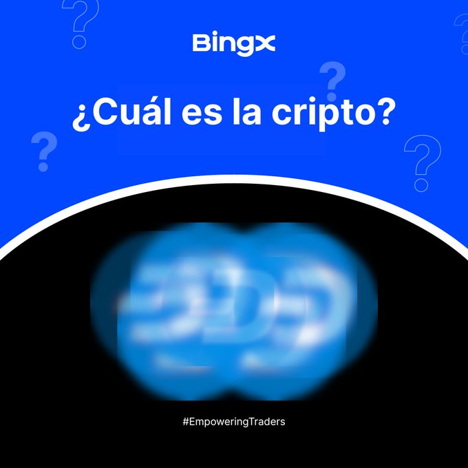 A BingX promotional graphic with a blue background featuring the text '¿Cuál es la cripto?' and '#EmpoweringTraders', with a blurred logo at the bottom.