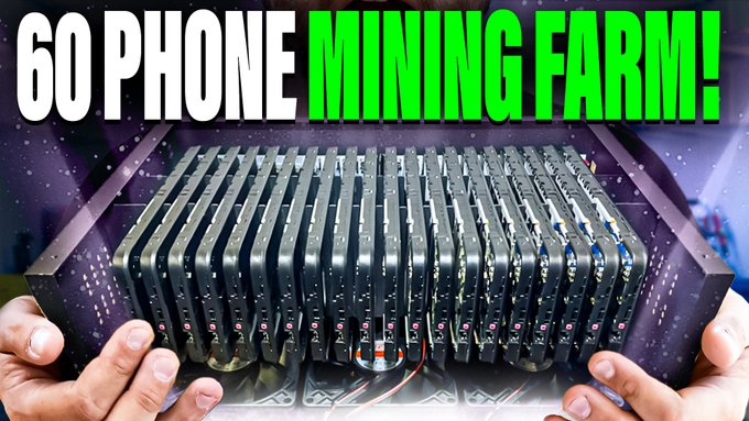 Thumbnail image with bold text '60 PHONE MINING FARM!' showing a rack of densely packed smartphones being held by hands.