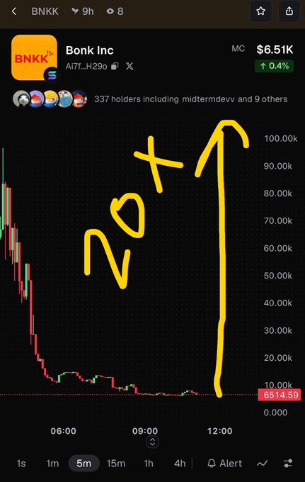 A cryptocurrency trading chart for token 'BNKK' (Bonk Inc) at $6.51K, showing a dramatic price drop with a yellow hand-drawn arrow and '20x↑' annotation indicating a predicted surge.