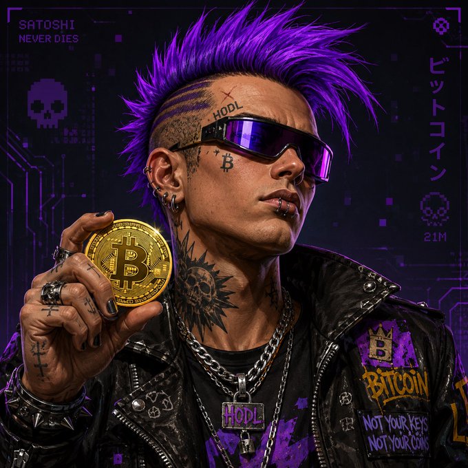 A cyberpunk character with a vibrant purple mohawk, sunglasses, skull tattoos, and a "HODL" necklace holds a golden Bitcoin coin, with a leather jacket reading "BITCOIN NOT YOUR KEYS NOT YOUR COINS" and a digital overlay showing "SATOSHI NEVER DIES" and Japanese text "ビットコン" (Bitcoin) at 21M—fitting visuals for the bullish $STRC rally to $75.69.