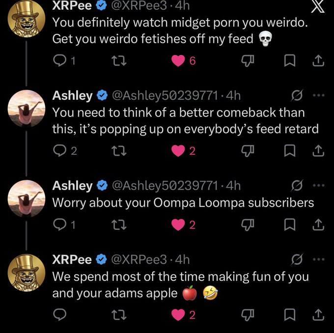 A screenshot of a Twitter exchange between users @XRPee3 and @Ashley50239771, featuring insults about "midget porn," "adams apple," and "Oompa Loompa subscribers," which matches the caption praising their funny back-and-forth banter on crypto Twitter.