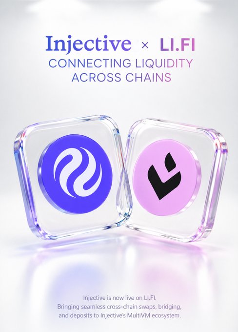 Promotional graphic for Injective × LI.FI titled 'CONNECTING LIQUIDITY ACROSS CHAINS' with text announcing 'Injective is now live on LI.FI' for cross-chain swaps and MultiVM deposits.