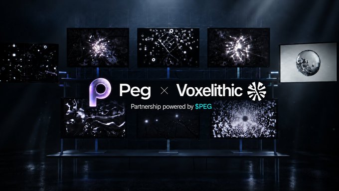 A promotional graphic announcing a partnership between "Peg" and "Voxelithic", powered by SPEG, displayed against a dark background with multiple screens showing cosmic and abstract imagery.