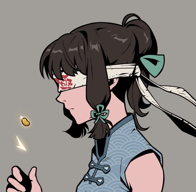 The image features an anime character with long hair, wearing a blue dress and a headband. The character has a serious expression on their face while holding a small object in their hand. The background of the image is gray, providing a neutral backdrop that allows the viewer's attention to remain focused on the character and their actions.