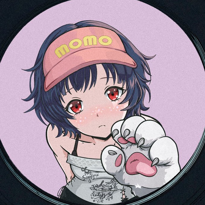 An anime-style vinyl record cover illustration of a girl with short dark hair wearing a pink visor that says 'momo,' holding a white plush bunny on a purple background.