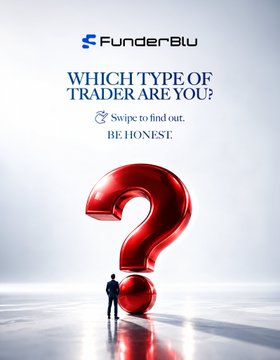 A FunderBlu promotional graphic asking 'WHICH TYPE OF TRADER ARE YOU?' with 'Swipe to find out, BE HONEST.' featuring a large red question mark and a silhouetted figure.