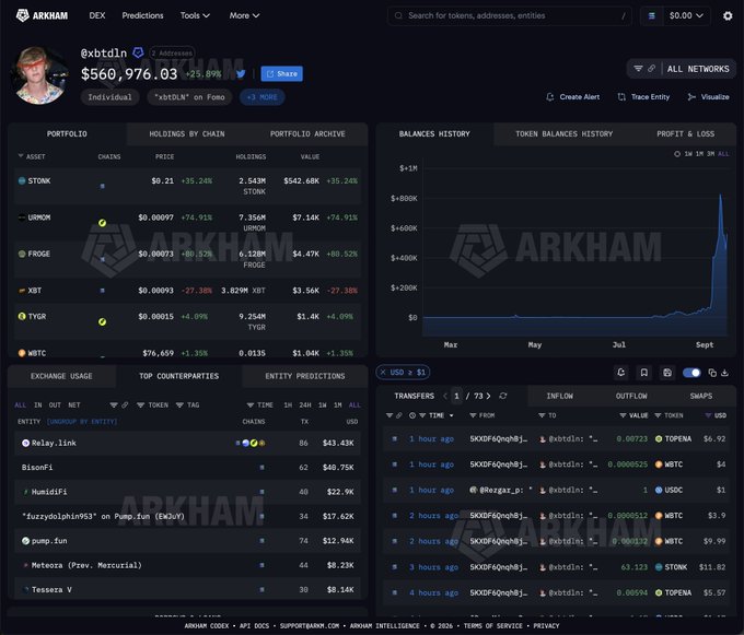 A screenshot of the Arkham Intelligence platform displaying the wallet "@xbtdln" with a portfolio worth $560,976.03, featuring STONK as a top holding valued at $542.68K (a 35.24% gain), which aligns with the post's claim of a 330x return on a $1,627 investment from six weeks prior. The dashboard shows a balances history graph with a sharp upward spike and transaction records showing consistent inflows of STONK tokens.