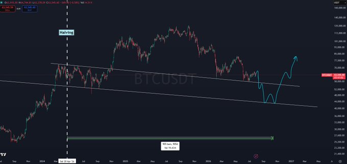 A BTC/USDT TradingView chart shows a long-term falling wedge pattern post-2024 Bitcoin halving, with price currently bouncing off the $40,000 support level as indicated by the cyan trendline and current price tag, suggesting $40K is acting as a springboard for a potential rally toward $100K.