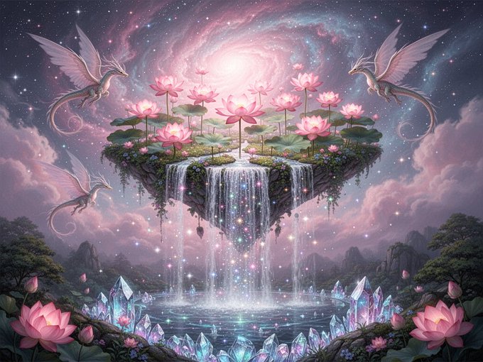 The image features a painting of a fairy tale scene with floating flowers, waterfalls, and dragon statues. The painting includes pink flowers and purple skies that create an enchanting atmosphere. The artist has also included a waterfall and a waterfall on top of a mountain in the background. The painting is titled "June AIart #AIart #June AIartwork #AI" and it is part of a series called "Ask June AIart".