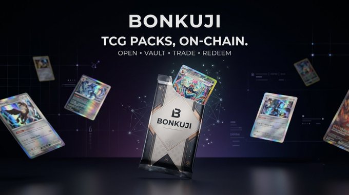 A promotional graphic for 'BONKUJI' featuring trading cards floating around a central 'TCG PACKS, ON-CHAIN' product pack with the tagline 'OPEN • VAULT • TRADE • REDEEM'.