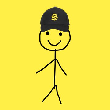 A simple yellow-background cartoon drawing of a stick figure with a smiling face wearing a black baseball cap with a stylized logo.