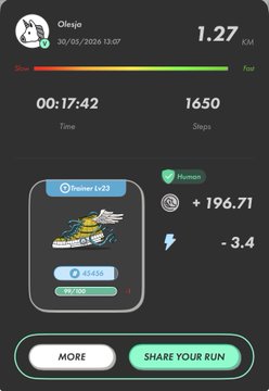 The image shows an app screen with a running log displayed, which includes information about the user's distance run, time taken, and steps taken during their run. The app also has a button that says "share your run" at the bottom of the screen.