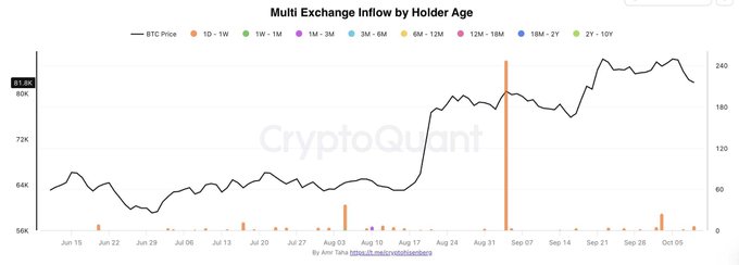 A CryptoQuant chart titled "Multi Exchange Inflow by Holder Age" tracking BTC Price from mid-June through early October, showing that the only significant exchange inflow during the drop from approximately $87K came from the "1D - 1W" (1-day to 1-week) holder cohort, with minimal activity from holders who last moved their coins six months or longer—visually reinforcing the post's argument that long-term holders have not capitulated during the recent price decline.