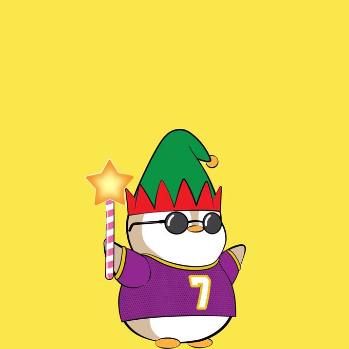 A cartoon penguin wearing sunglasses, a green elf hat, and a purple jersey with the number 7, holding a pink and white striped magic wand with a star on top against a yellow background.