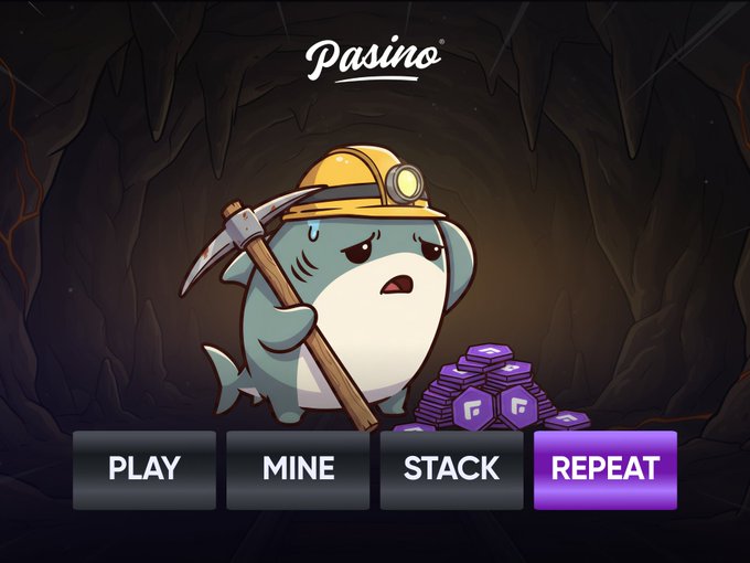 A Pasino game screen featuring a cartoon shark miner holding a pickaxe in a cave with purple gems, with buttons labeled PLAY, MINE, STACK, and REPEAT.
