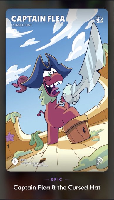 A Disney digital collectible card titled 'CAPTAIN FLEA - CURSED HAT,' labeled 'EPIC,' featuring an animated pink character with a green beard, pirate hat, and sword standing on a ship. The card is from Lorcana and shows a 2024 Disney copyright.