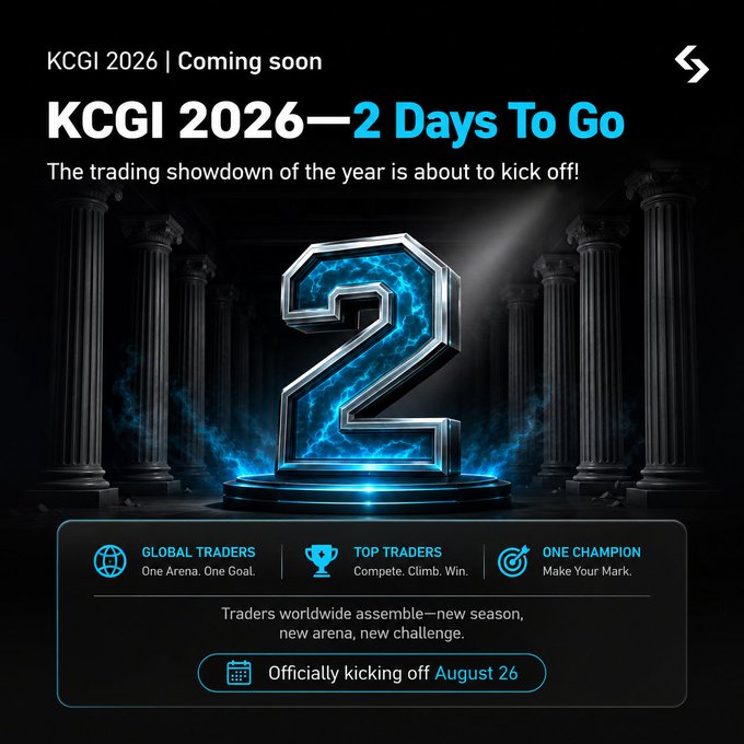A promotional poster for KCGI 2026 announces '2 Days To Go' with text 'The trading showdown of the year is about to kick off!' and 'Officially kicking off August 26'.