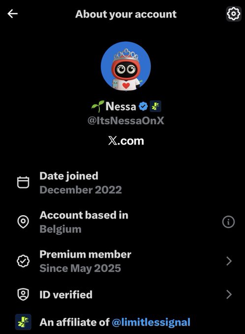 An 'About your account' profile screen for '🌱Nessa' (@ItsNessaOnX), showing they joined in December 2022, are based in Belgium, and are a premium member since May 2025.