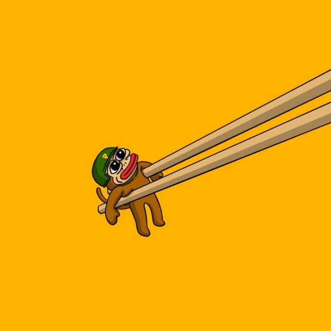 A cartoon illustration of a small monkey character wearing a green military helmet, being held up by wooden chopsticks against a yellow background.