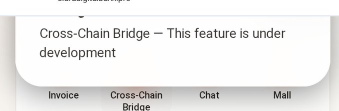 A mobile app screen displaying a popup message that reads 'Cross-Chain Bridge — This feature is under development' above navigation tabs for Invoice, Cross-Chain Bridge, Chat, and Mall.