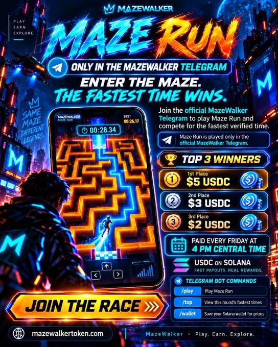 A promotional poster for 'Maze Run' on the official MazeWalker Telegram, featuring a neon-lit maze game with prizes: 1st place $5 USDC, 2nd place $3 USDC, 3rd place $2 USDC, paid every Friday at 4 PM Central Time on the Solana network.