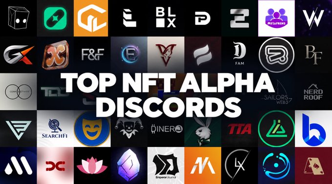A graphic titled 'TOP NFT ALPHA DISCORDS' displaying a collage of various NFT-related Discord server logos and icons.