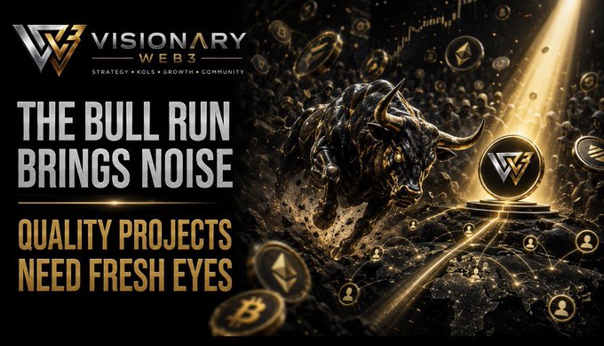 A Visionary Web3 promotional graphic featuring a charging golden bull and Ethereum logos with the text 'THE BULL RUN BRINGS NOISE' and 'QUALITY PROJECTS NEED FRESH EYES.'