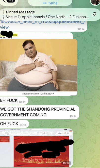 A screenshot of a WhatsApp chat shows messages reading "EH FUCK" and "WE GOT THE SHANDONG PROVINCIAL GOVERNMENT COMING," along with an image of a heavy-set man on a couch and a red presentation slide.