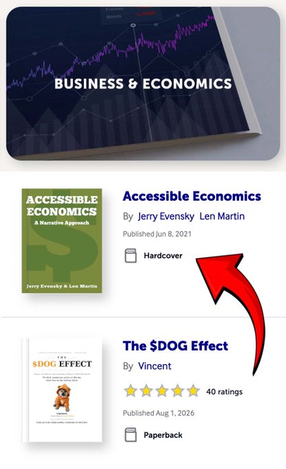 A digital storefront displays a Business & Economics category featuring two books: 'Accessible Economics: A Narrative Approach' by Jerry Evensky and Len Martin (Hardcover, Published Jun 8, 2021), and 'The $DOG Effect' by Vincent (Paperback, 40 ratings, Published Aug 1, 2026), with a red arrow pointing upward toward the second book.