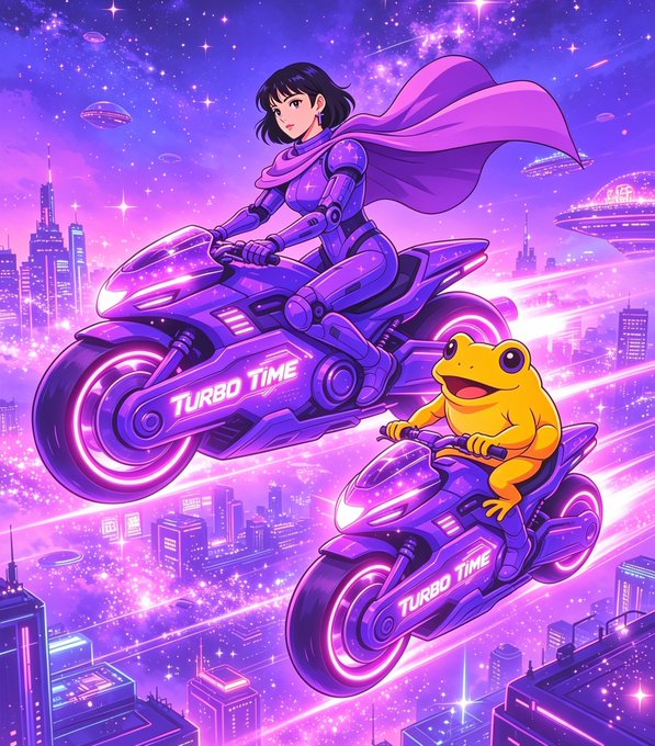 An anime-style illustration shows a dark-haired woman in a purple cape and a smiling frog riding futuristic purple motorcycles labeled "TURBO TIME" through a neon-lit cyberpunk cityscape with spaceships in the starry sky.