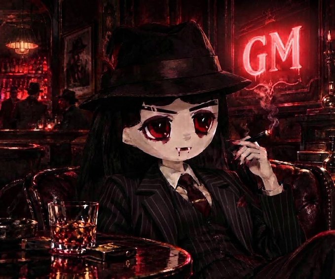 An anime-style character with vampire-like red eyes, fangs, and a black fedora smokes a cigar in a moody, dimly lit bar setting with a neon 'GM' sign glowing in the background.
