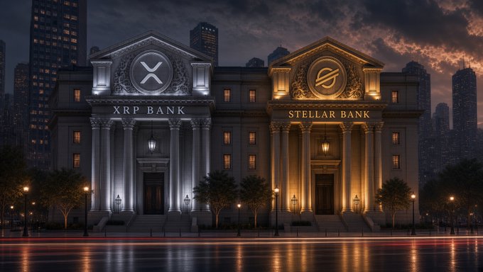 A dramatic digital illustration depicts two classical bank buildings side by side—one labeled 'XRP BANK' in cool blue light and the other 'STELLAR BANK' in warm gold light—set against a twilight city skyline.