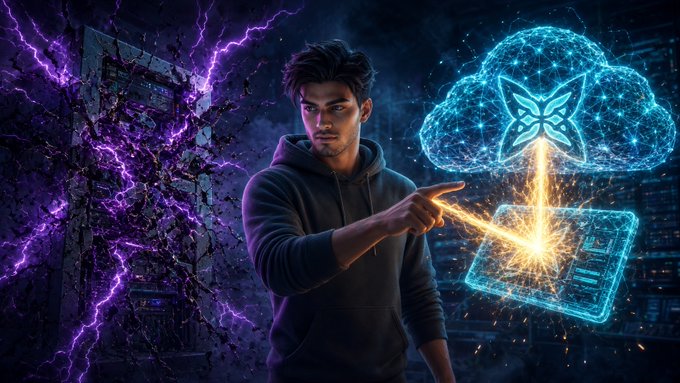 A digital illustration shows a young man in a hoodie pointing toward a glowing cloud and laptop graphic, with purple lightning effects in the background.