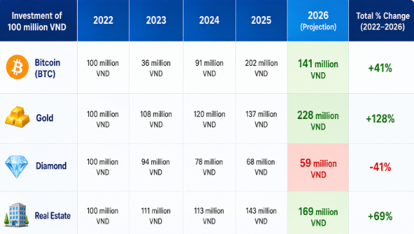 A comparison table shows the performance of an initial 100 million VND investment from 2022 to 2026 (Projection) across Bitcoin (BTC) +41%, Gold +128%, Diamond -41%, and Real Estate +69%.