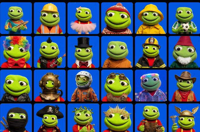 A grid of 24 cartoon green frog characters, each styled with unique costumes and props such as a hard hat, firefighter helmet, top hat, Viking helmet, space helmet, and pirate hat, all set against blue backgrounds. The image reinforces the post's message by showcasing the variety and personality of $TOAD-themed profile pictures (pfps), encouraging users to adopt one as their own.