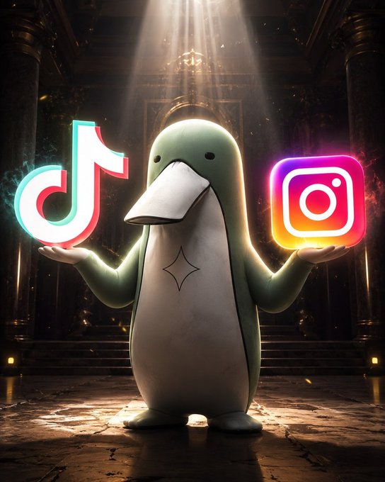 A glowing cartoon platypus stands in a dramatic, dimly lit hall holding the TikTok logo in one hand and the Instagram logo in the other, symbolizing the choice of platforms for crypto content. The image visually represents the post's question about elevating crypto culture on TikTok and Instagram beyond forced ads, rugs, and course sellers.
