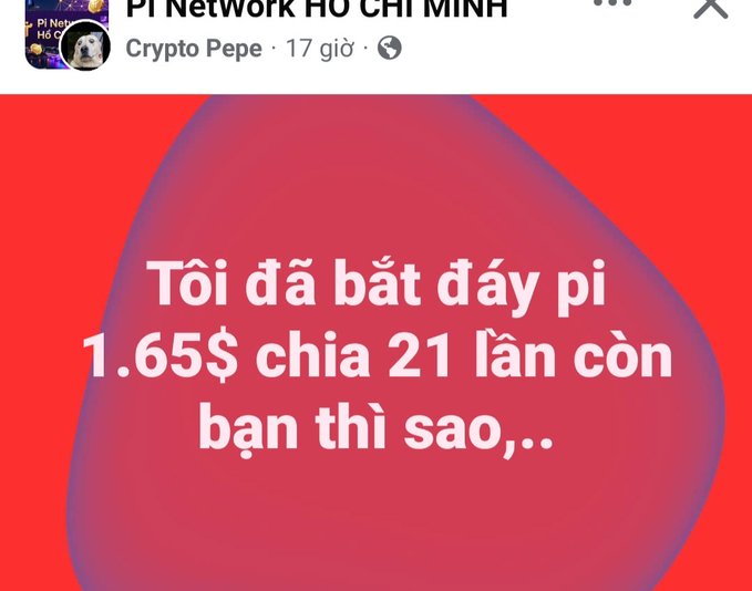 A social media post from 'PI NETWORK HO CHI MINH' by Crypto Pepe with Vietnamese text reading 'Tôi đã bắt đấy pi 1.65$ chia 21 lần còn bạn thì sao,...' against a red and pink gradient background.