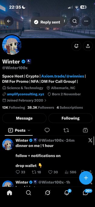 A screenshot of an X (Twitter) profile for 'Winter' (@Winter100x), showing 38.3K followers and a recent post that reads 'dinner on me|1 hour follow + notifications on drop wallet' with 586 reposts.