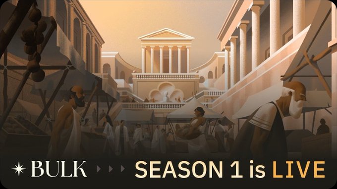 The image shows a poster for a TV show called "Bulk" that is currently in season 1, which is live. The poster features an illustration of a city scene with buildings and people, along with text that reads "Season 1 is Live". The poster also includes a link to the show's website where viewers can watch the first episode or participate in a community Airdrop for a deposit of 100 dollars.

The image has a vintage feel to it, giving it an old-fashioned appearance. The poster is designed with a focus on the content and the context behind the show, making it visually appealing while still conveying its message effectively.