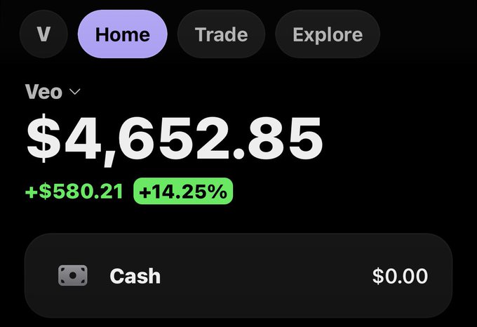 A Robinhood portfolio screenshot shows "Veo" stock up +$580.21 (+14.25%) to $4,652.85 with $0.00 cash, while the post hints at an upcoming SOL giveaway.