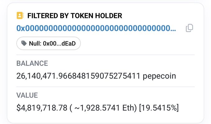 A blockchain explorer data card filtered by the null token holder address, showing a balance of 26,140,471.966... pepecoin valued at $4,819,718.78 (~1,928.5741 Eth).