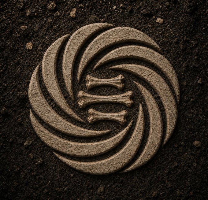 A stone carving embedded in dark dirt depicts a swirling spiral emblem with three bones stacked in the center.