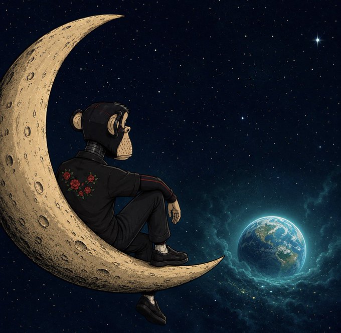 An illustrated scene depicts a monkey-headed figure wearing a black jacket with red rose embroidery, sitting contemplatively on a crescent moon against a starry night sky, with Earth glowing in the distance.
