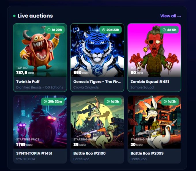 A live auction interface displaying NFT collections including 'Twinkle Puff', 'Genesis Tigers', 'Zombie Squad #481', 'SYNTHTOPIA #1451', 'Battle Roo #2100', and 'Battle Roo #2099' with CRO bids and time remaining.