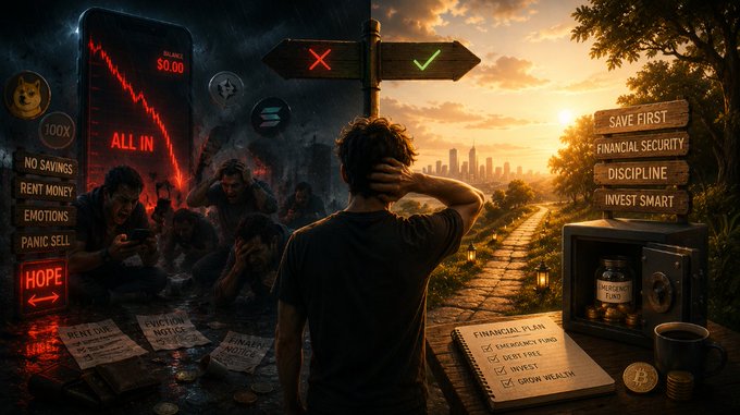 Dramatic split image contrasting financial ruin (showing a phone displaying 'ALL IN' with declining chart, distressed people, and words like 'HOPE', 'PANIC SELL', 'NO SAVINGS') against financial success (showing a person looking toward a sunset cityscape with a financial plan checklist and 'SAVE FIRST', 'FINANCIAL SECURITY', 'DISCIPLINE' signs).