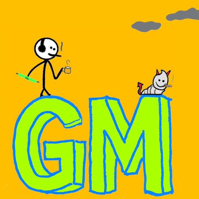 A cartoon illustration on an orange background features a stick figure wearing headphones and holding a cup and a green object, standing on top of large green letters spelling 'GM', alongside a small smiling cat with a red devil tail.